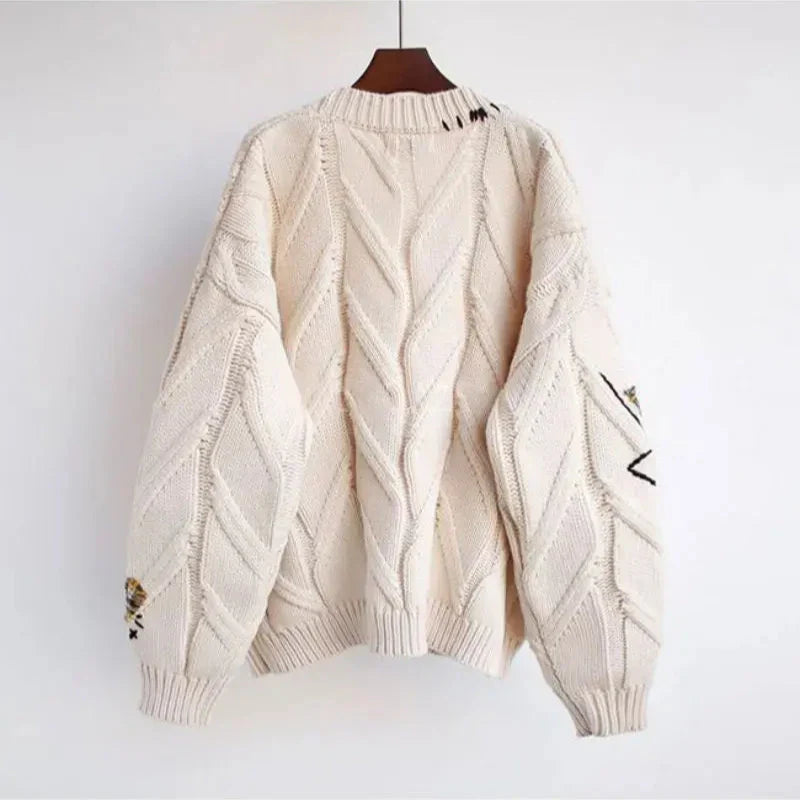 Women's Knitted V-Neck Cardigan Patchwork Embroidery