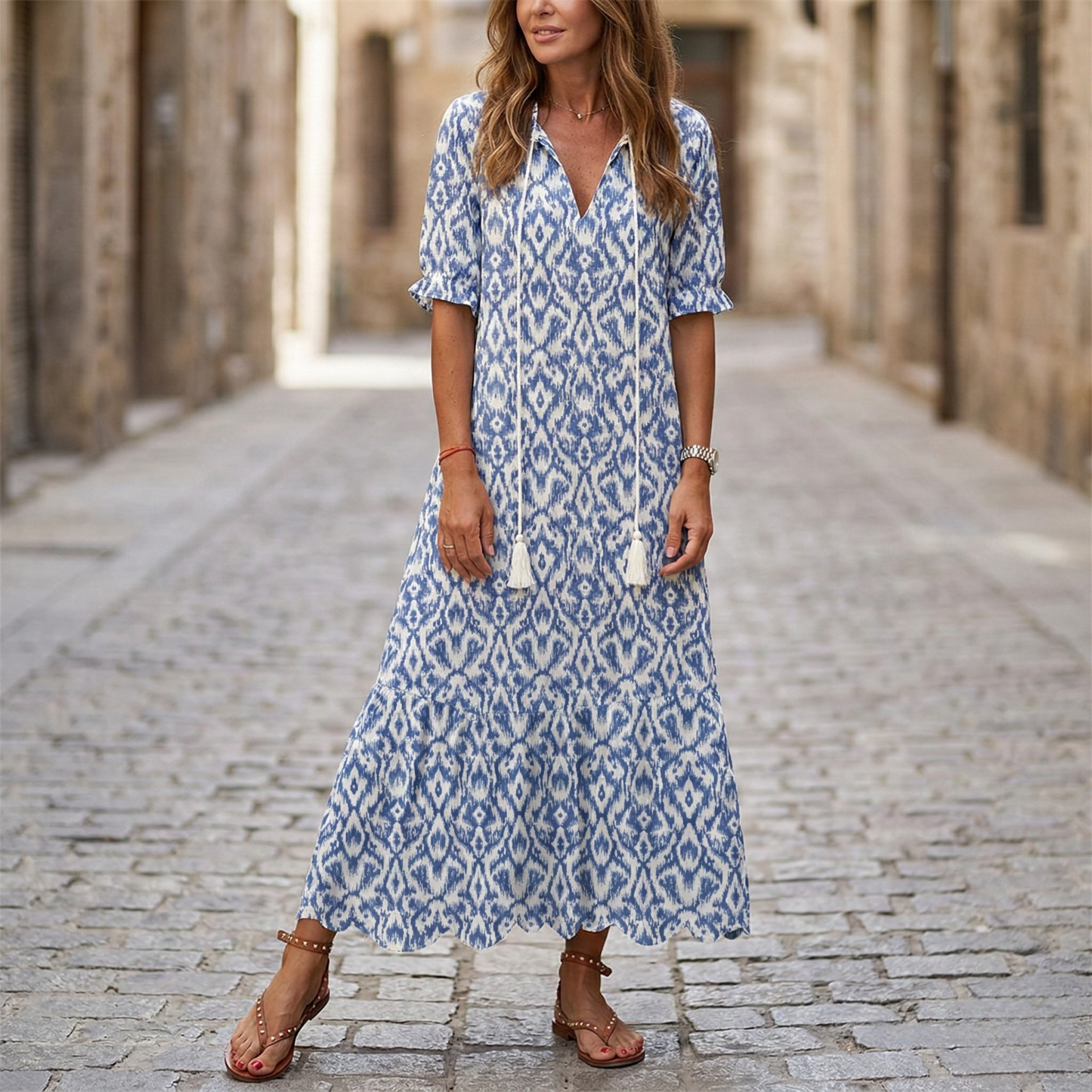 Maxi Dress Women Printed V Neck Half Sleeve