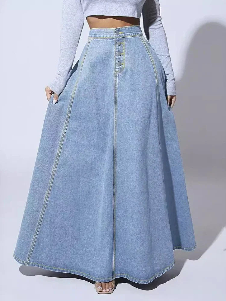 Women's Denim A-Line Skirt Button Front - VibreMode