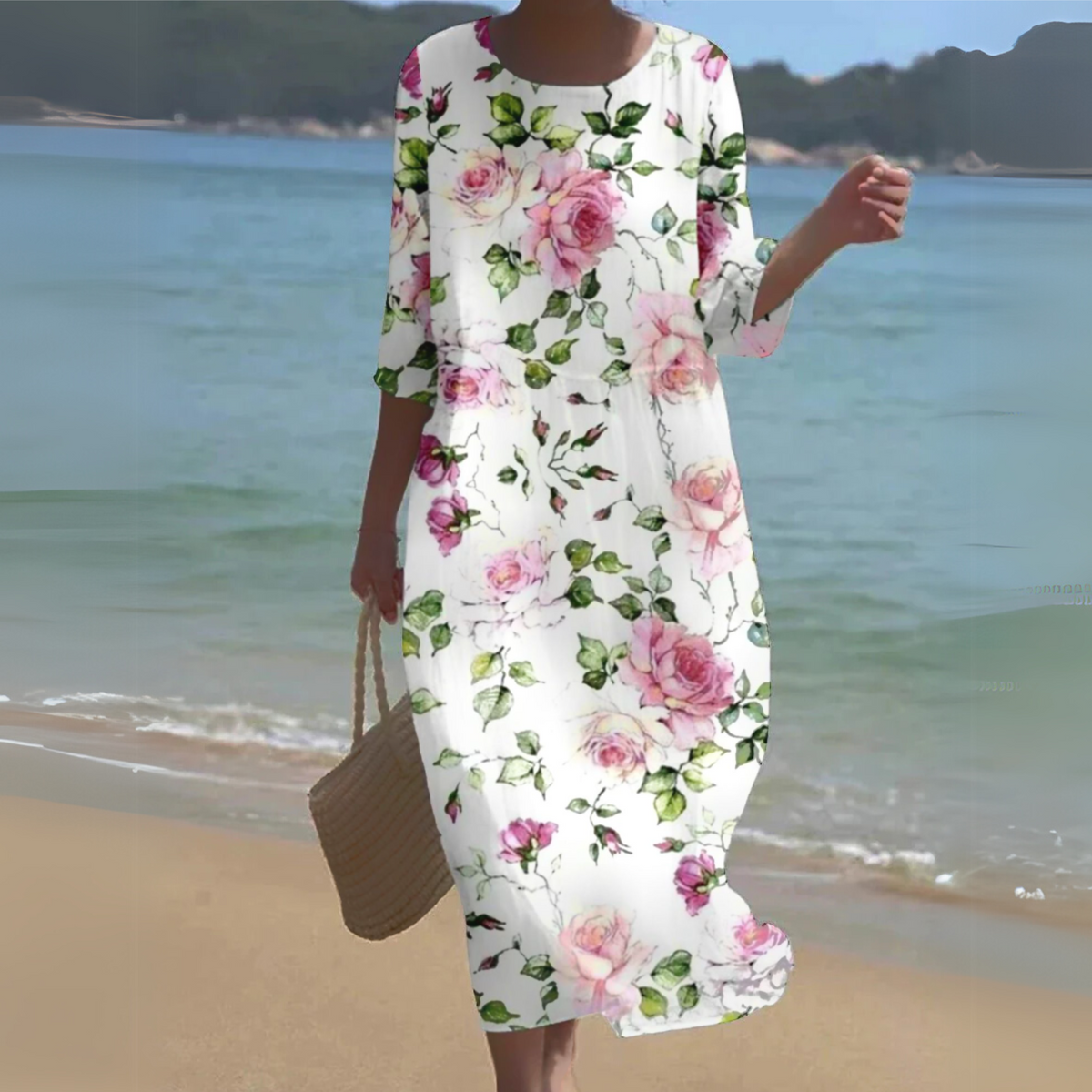 Women's Floral Print Dress 3/4 Sleeves - VibreMode