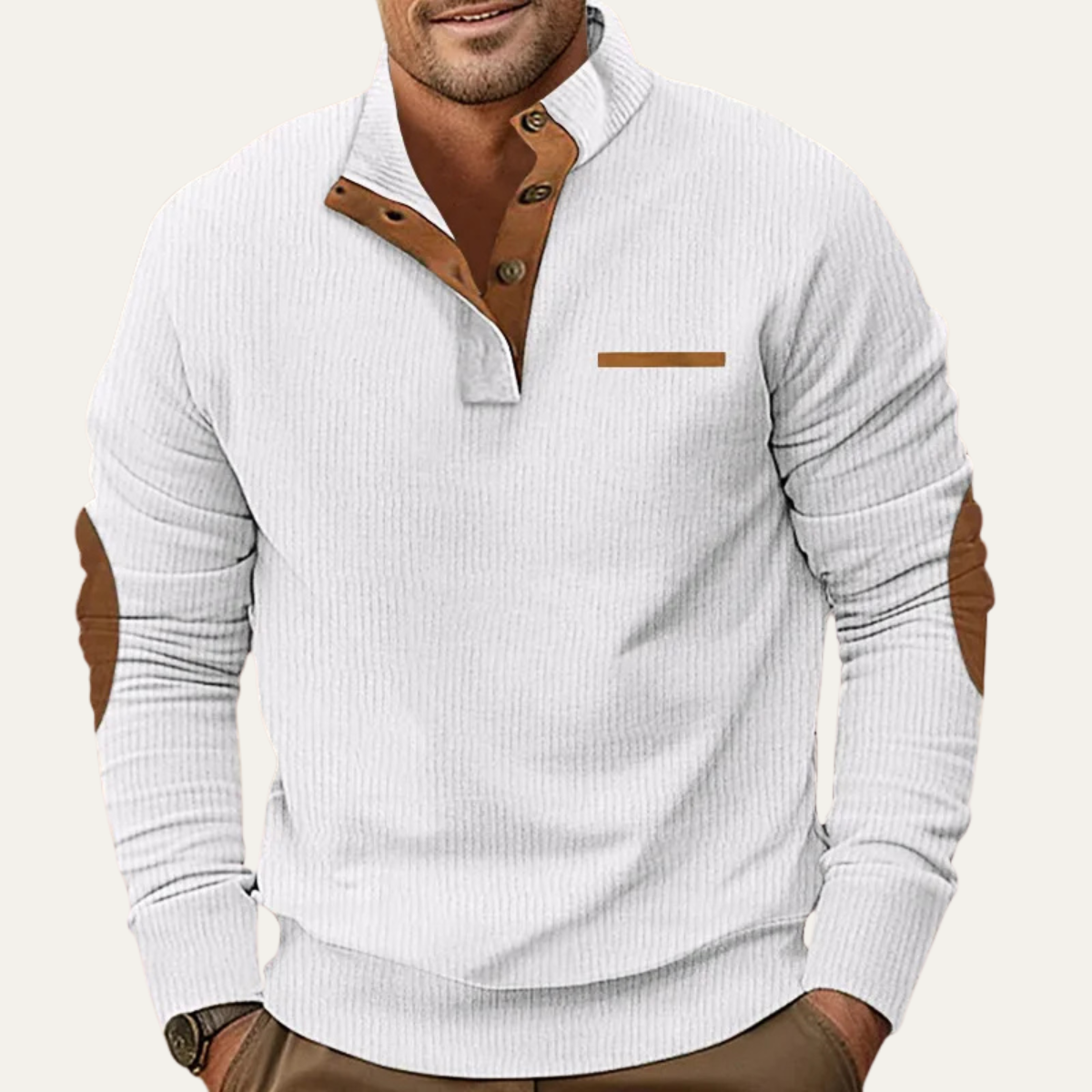 Men's Classic Corduroy Sweater Button Neck Patch Details