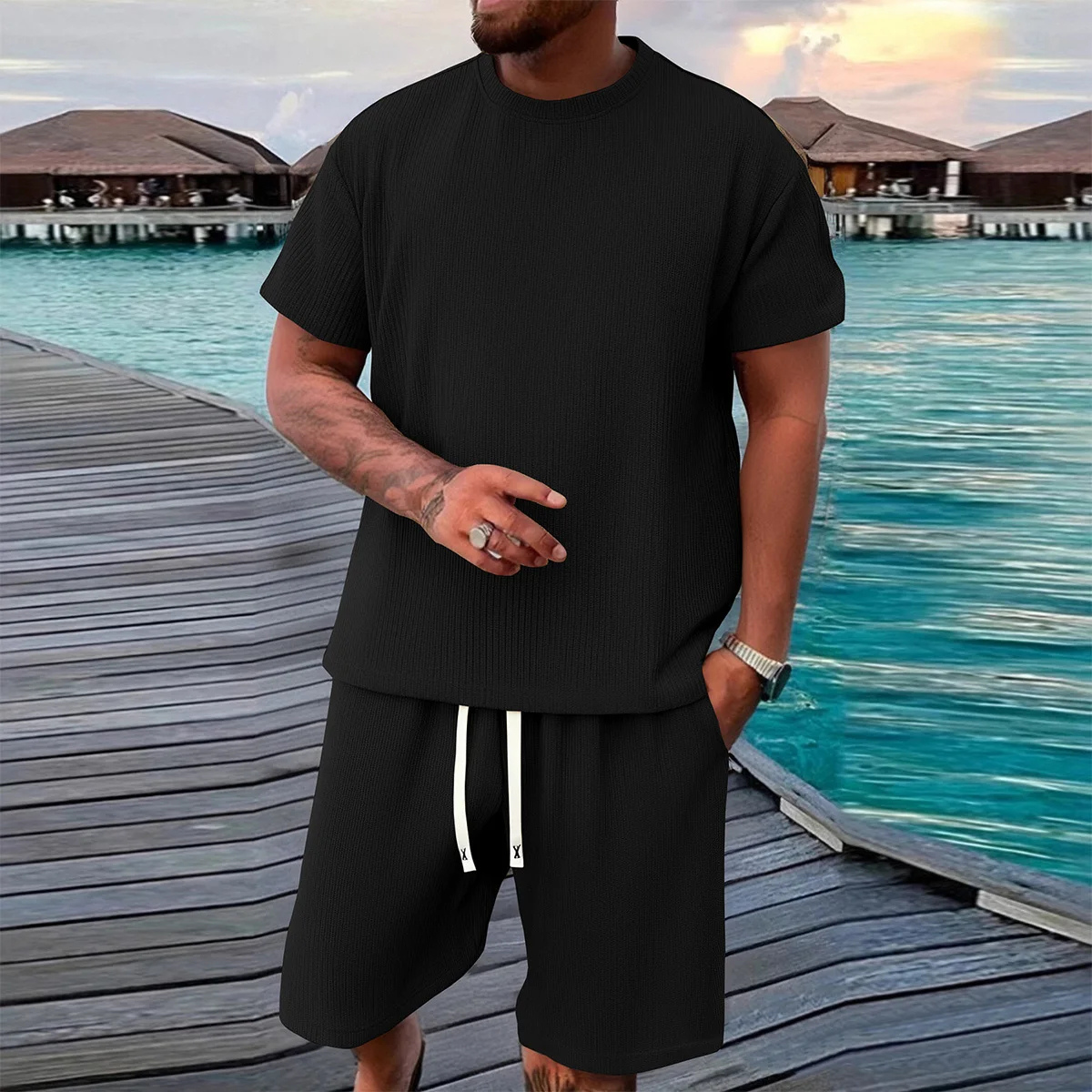 Men's Summer Jacquard T Shirt And Shorts Set