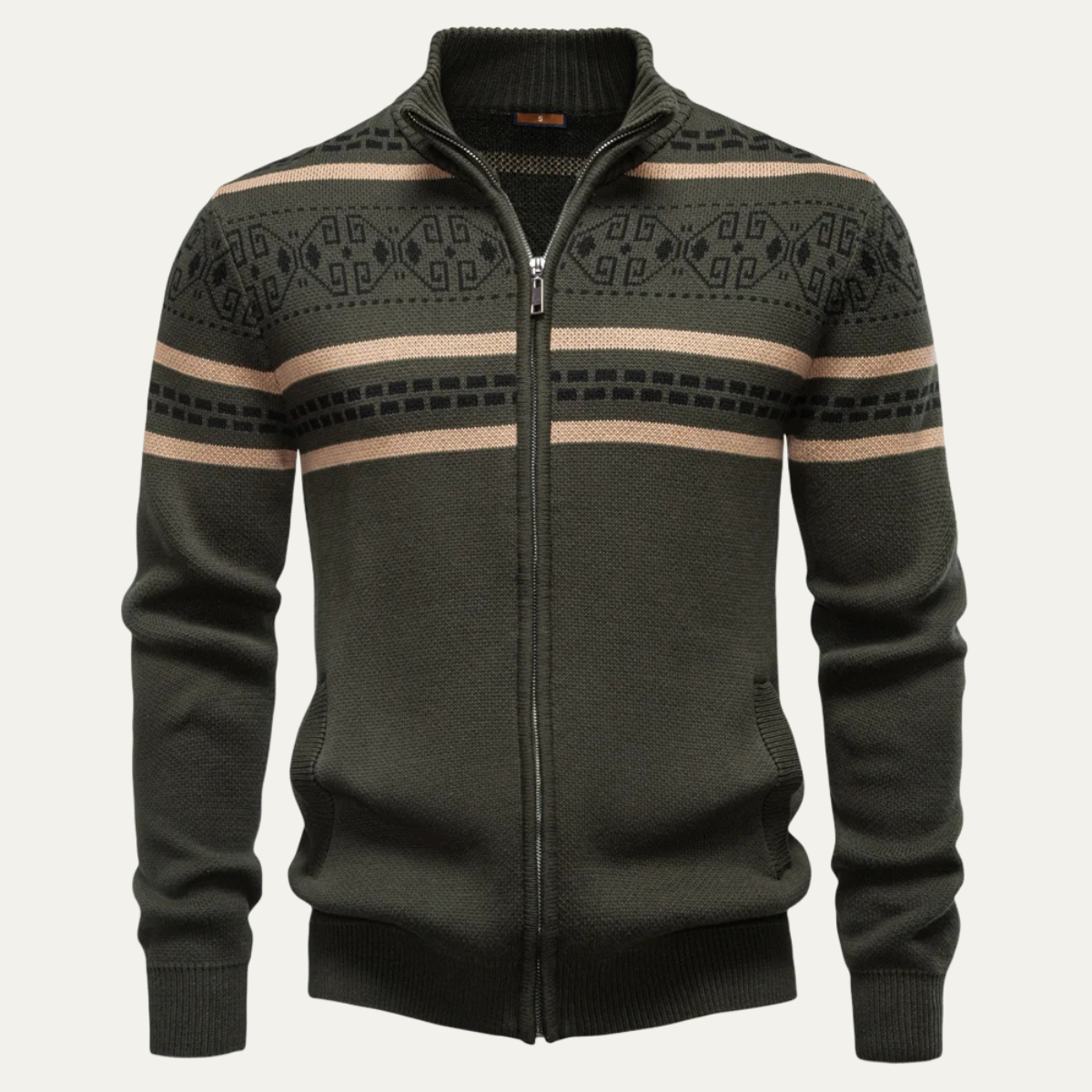 Men's Cotton Cardigan Patterned Zip Up Knit Winter Beige