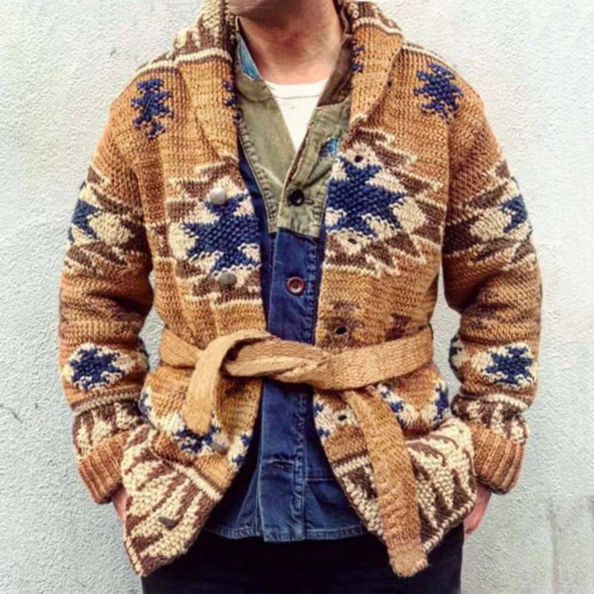 Men's Retro Cardigan Sweater Thick Knit Jacquard