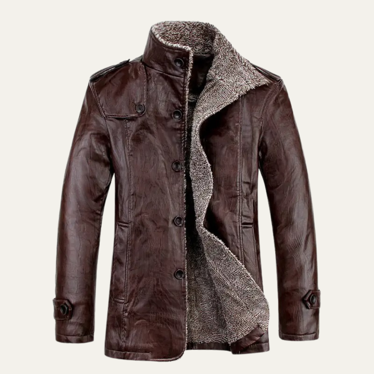 Men's Leather Fleece Lined Jacket Warm Stand Collar
