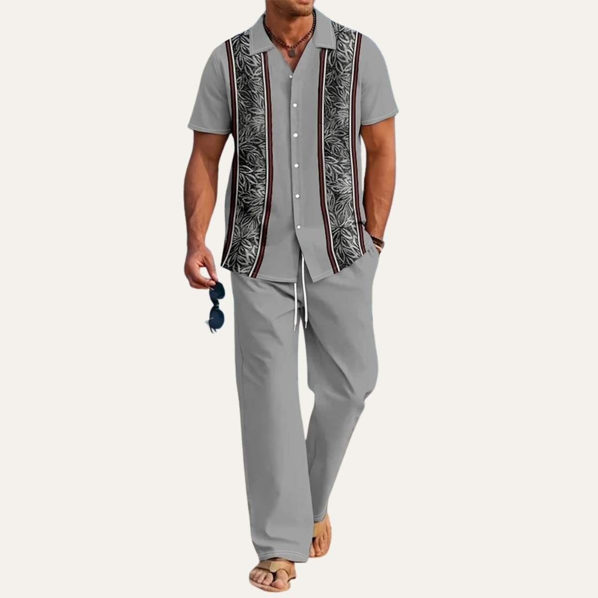 Men's Striped 2 Piece Suit Set Shirt Pants Lightweight
