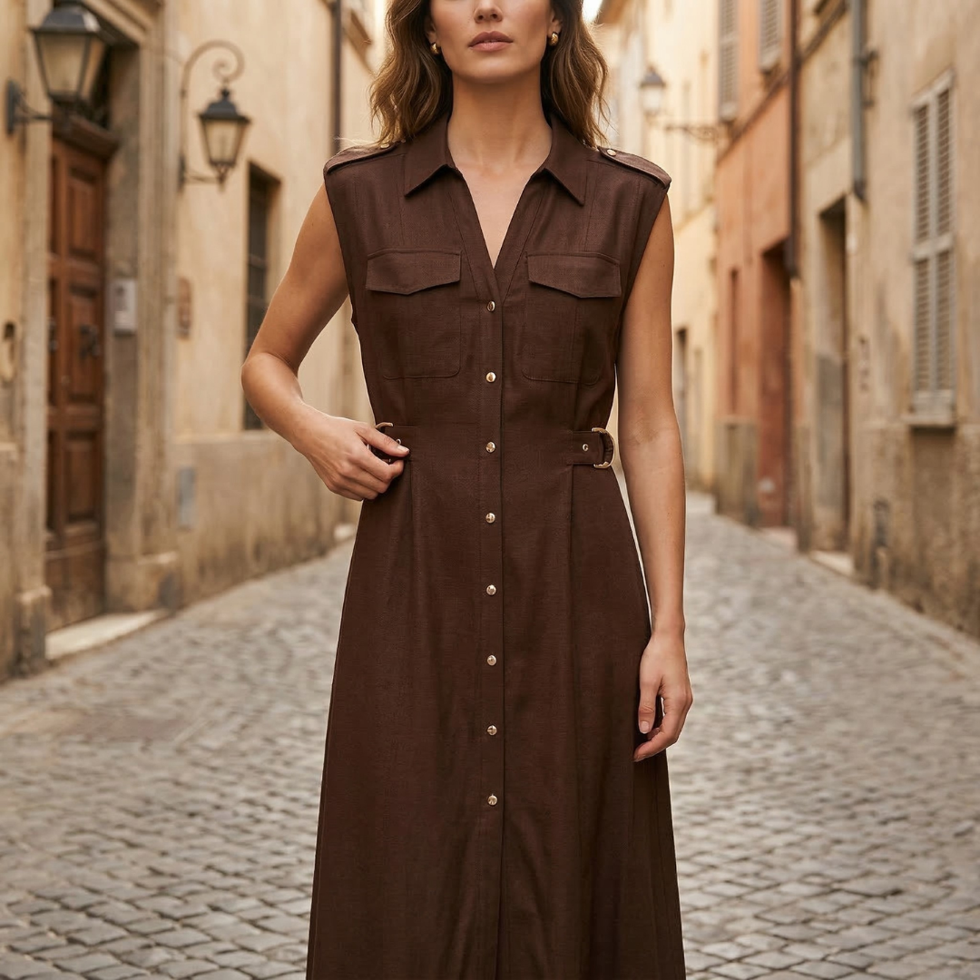 Women’s Sleeveless Shirt Dress Midi Button Front Belted Utility Dress