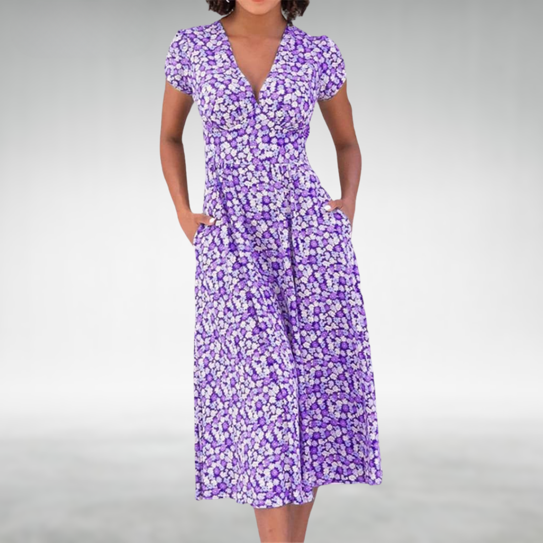 Women's V-Neck Short Sleeve Midi Dress Floral Print