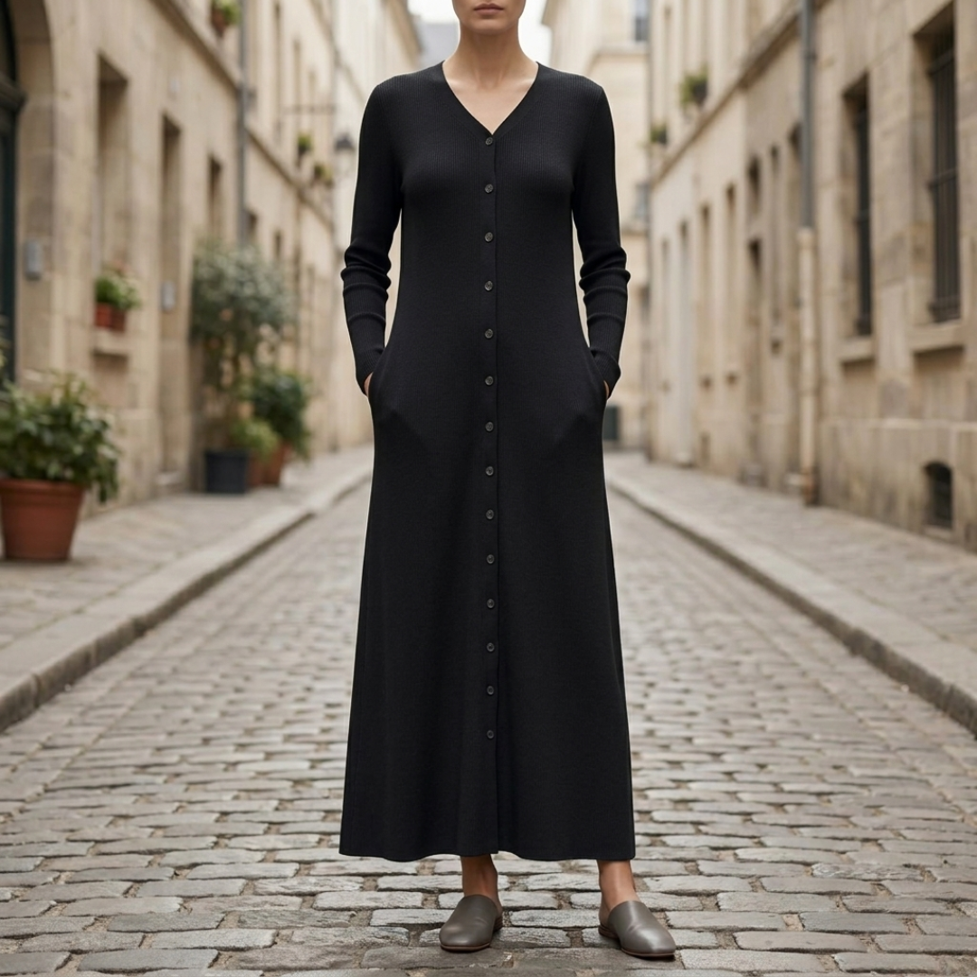 Women’s Ribbed Knit Maxi Dress Long Sleeve Button Front Bodycon Dress