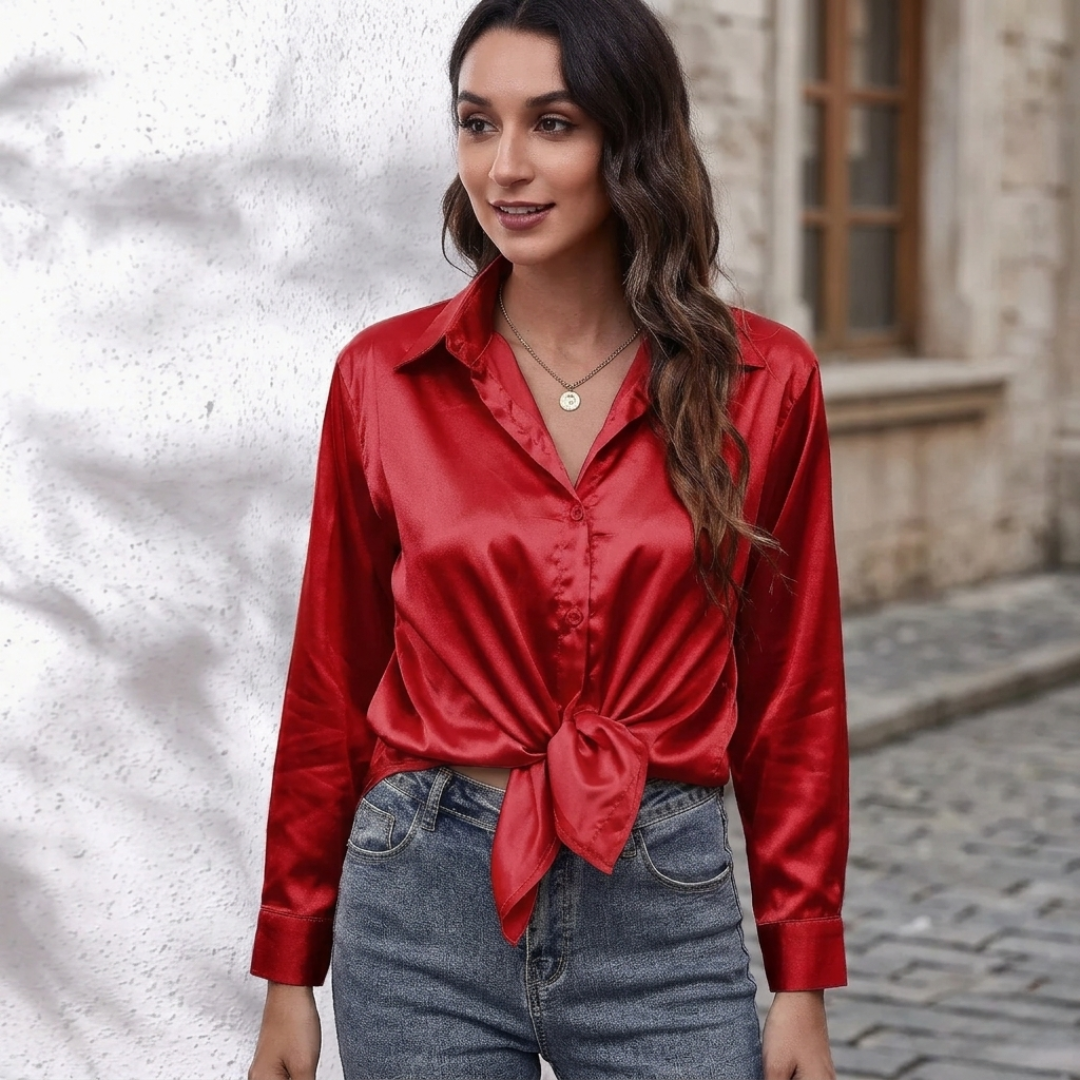 Women’s Satin Tie Front Blouse Long Sleeve Silk Look Shirt