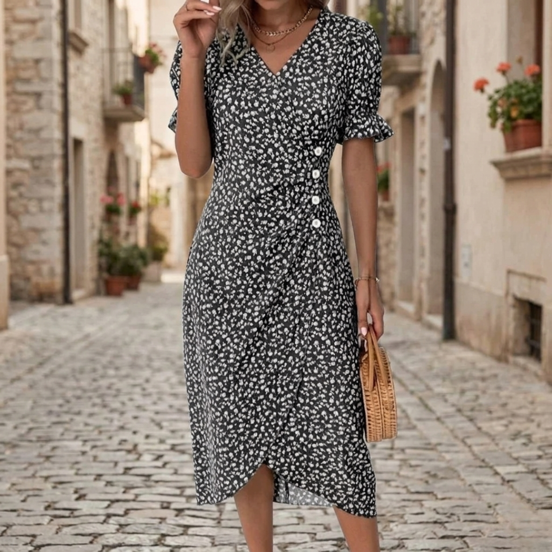 Women’s Floral Wrap Midi Dress V-Neck Short Sleeve Summer Dress