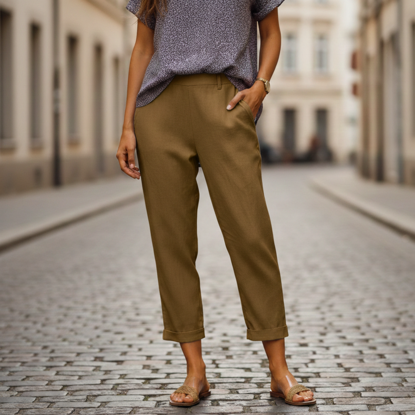 Women’s Cropped Straight High Waist Casual Trousers