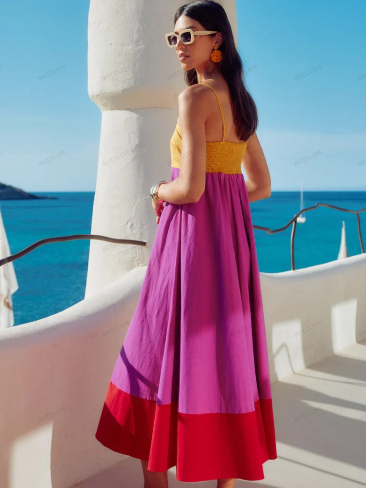 Women's Color Block Spaghetti Strap Summer Dress