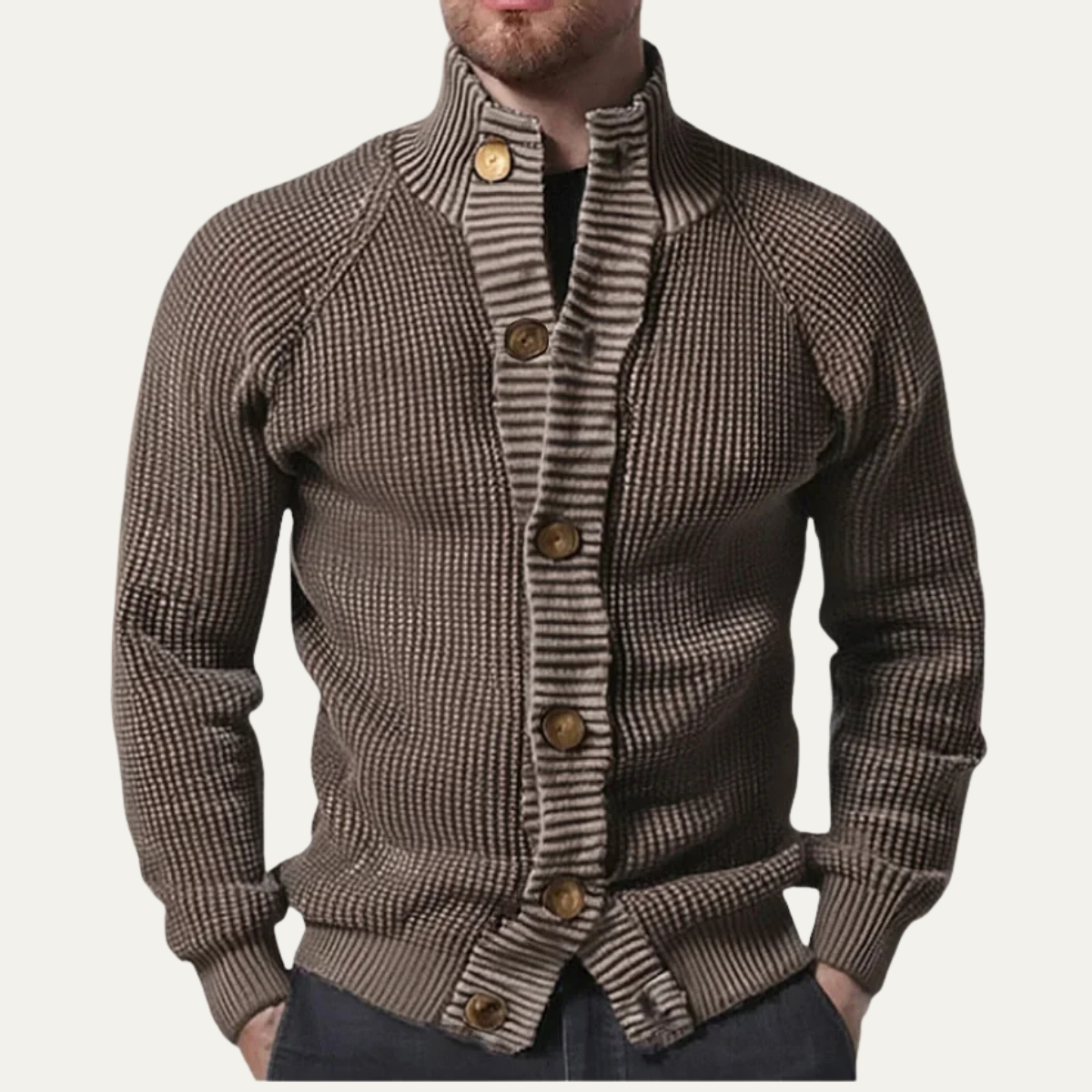 Men's Chunky Knit Cardigan High Collar Winter Sweater