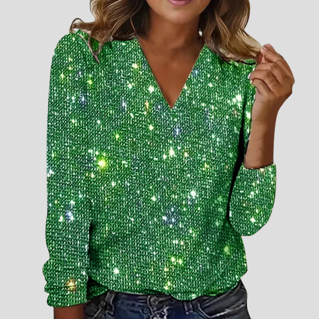 Women's Glitter V Neck Blouse Long Sleeves