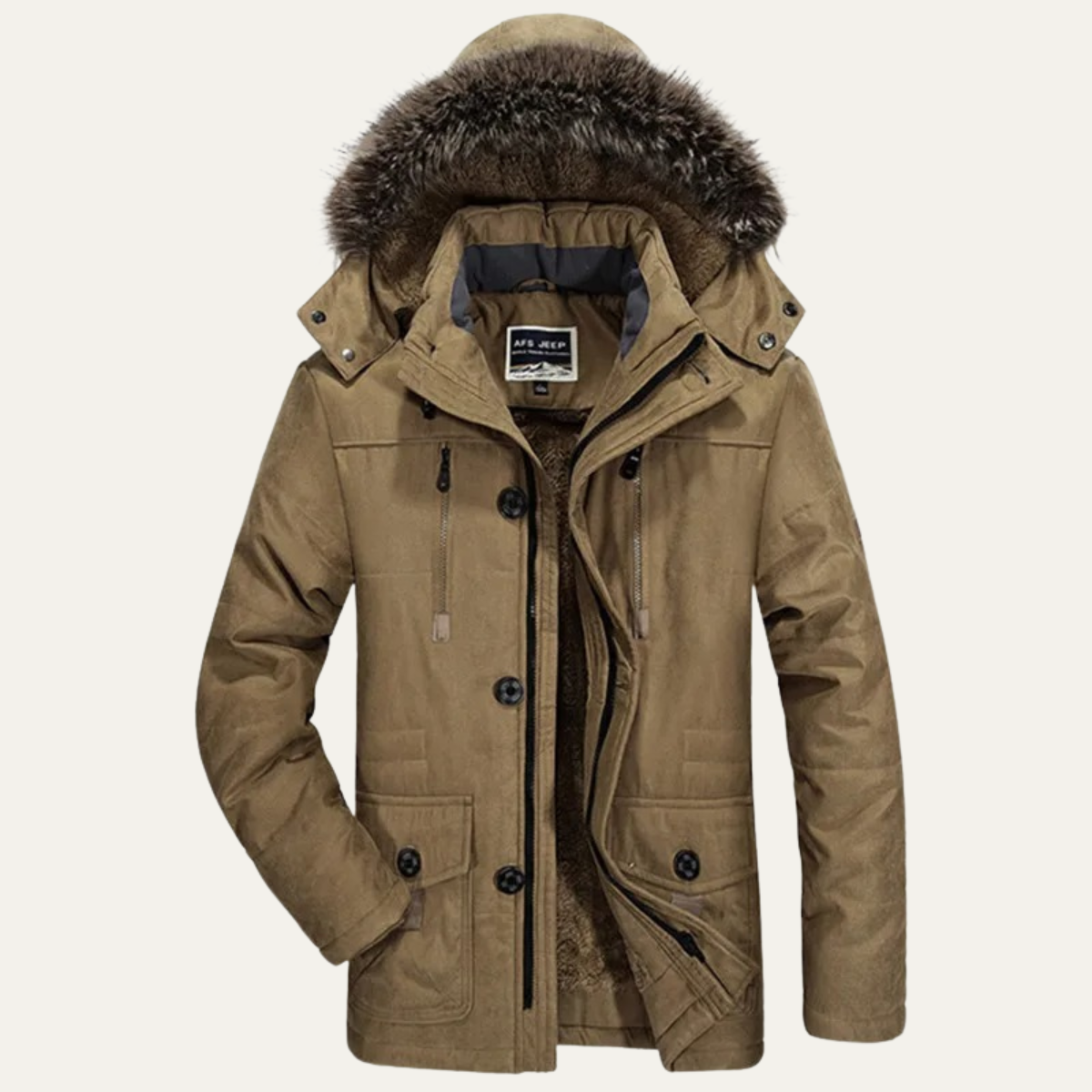 Men's Hooded Fur Jacket Warm Multi Pockets