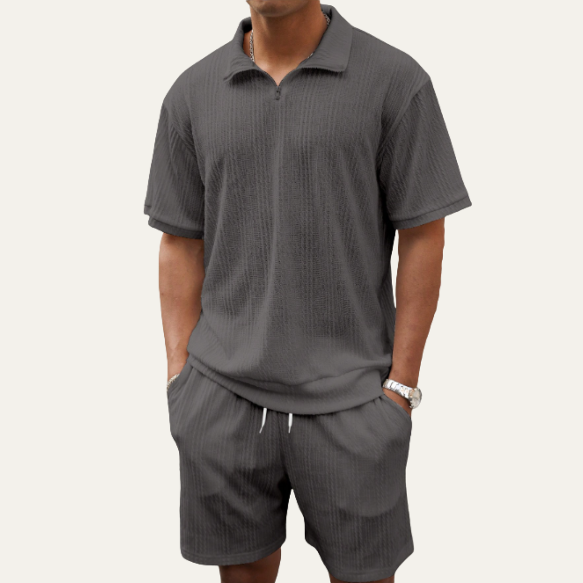 Men's Polo Shirt And Shorts Set Solid Color Casual