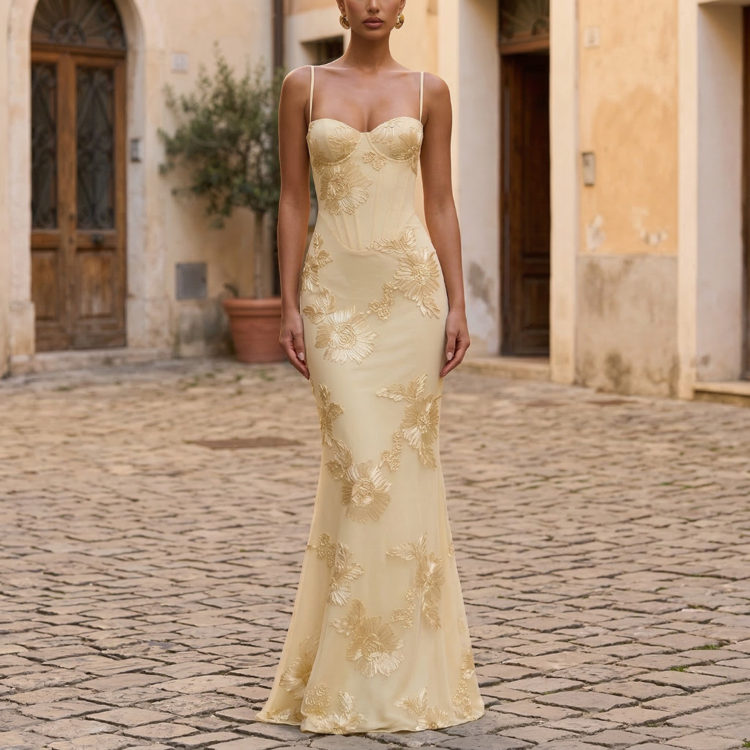 Women’s Mermaid Evening Gown Floral Applique Formal Dress