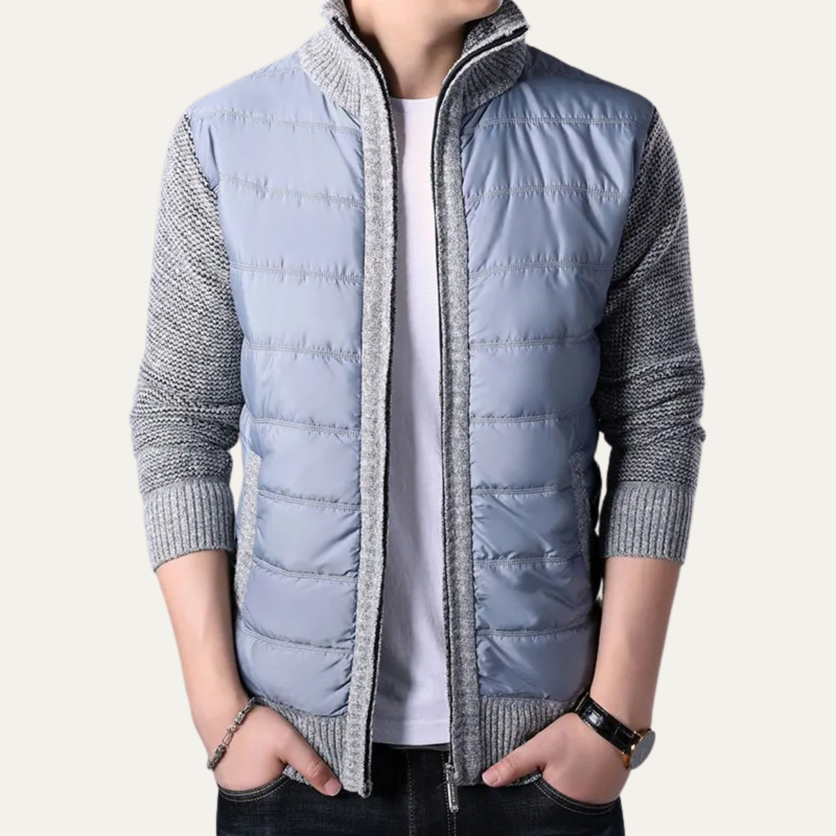 Men's Winter Puffer Jacket Knit Sleeve Zip Up
