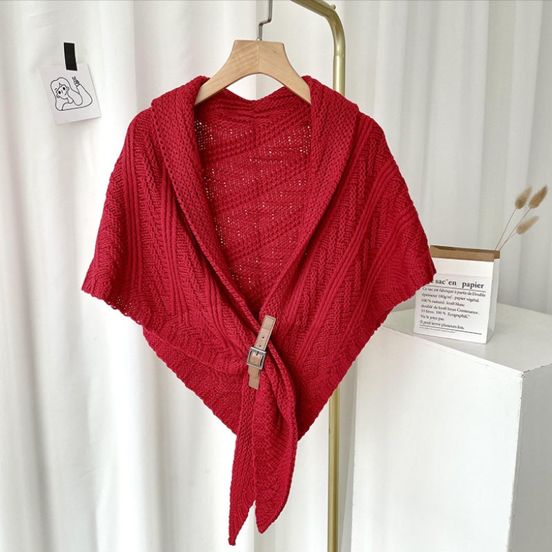 Triangular Knitted Scarf Leather Buckle