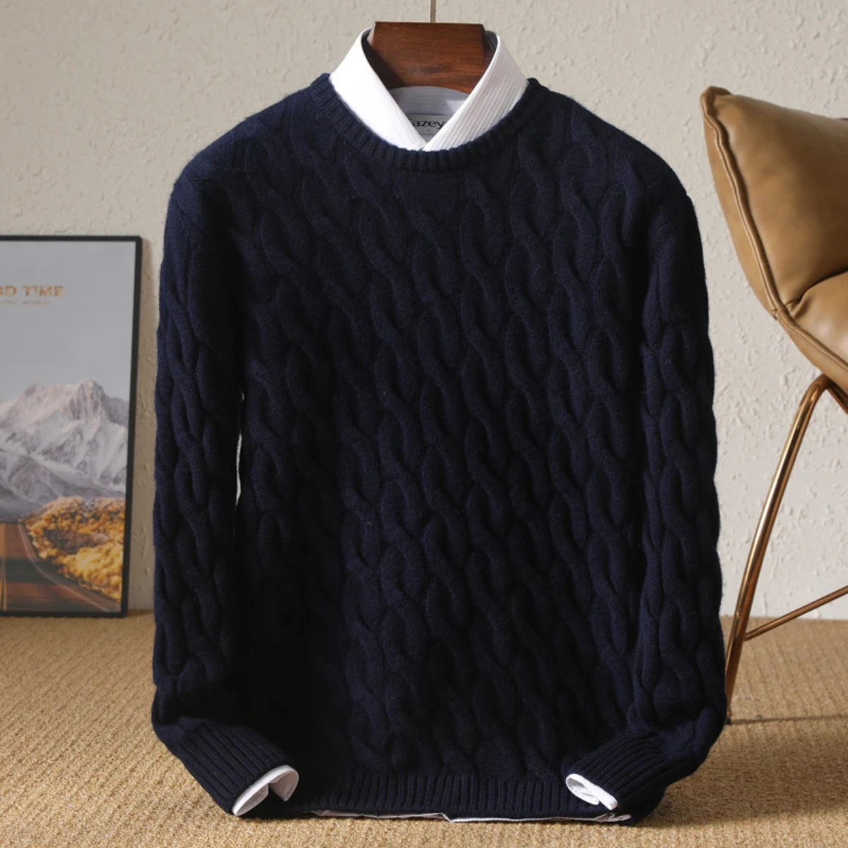 Men's Cable Knit Crewneck Sweater Warm Winter