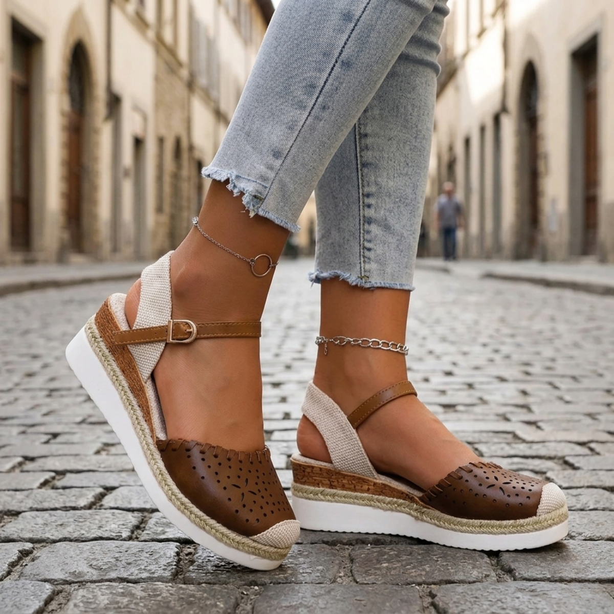Women’s Espadrille Wedge Sandals Perforated Ankle Strap