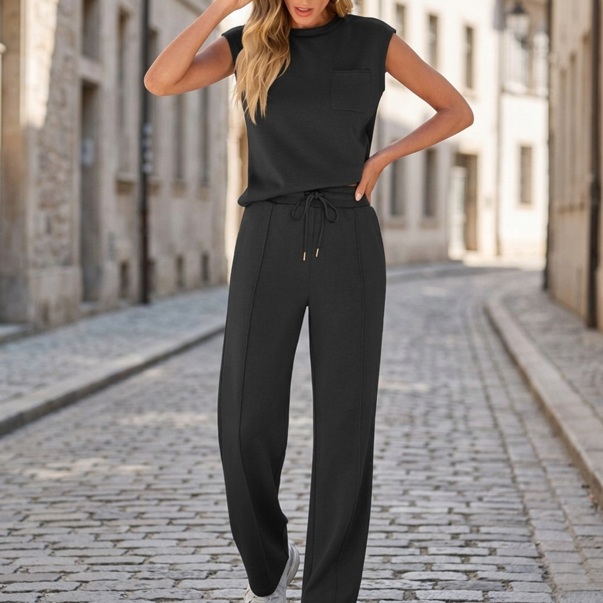 Women’s Two Piece Lounge Set Sleeveless Top and Wide Leg Pants