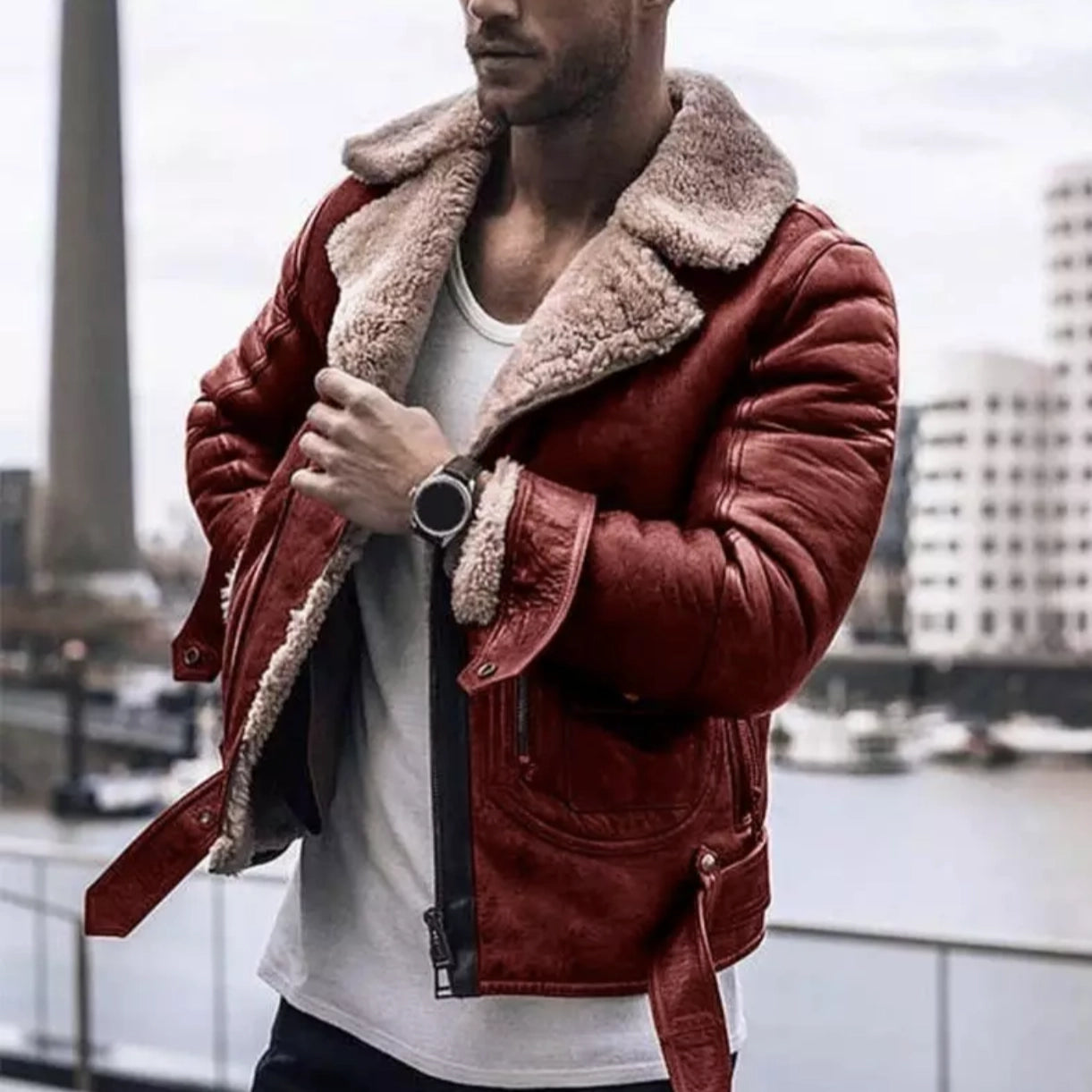 Men's Leather Jacket Shearling Collar Black