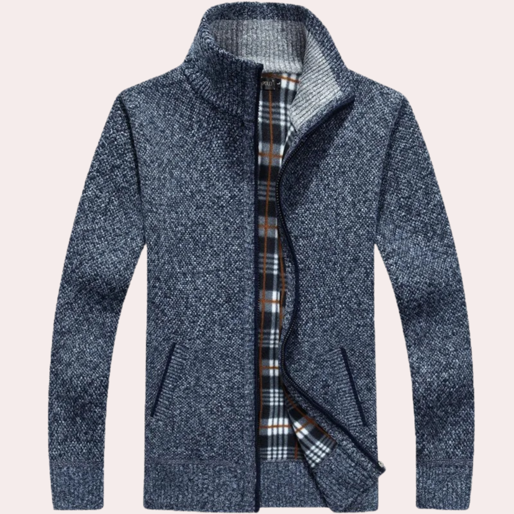 Men's Knitted Zip Cardigan Plaid Lining Mock Neck
