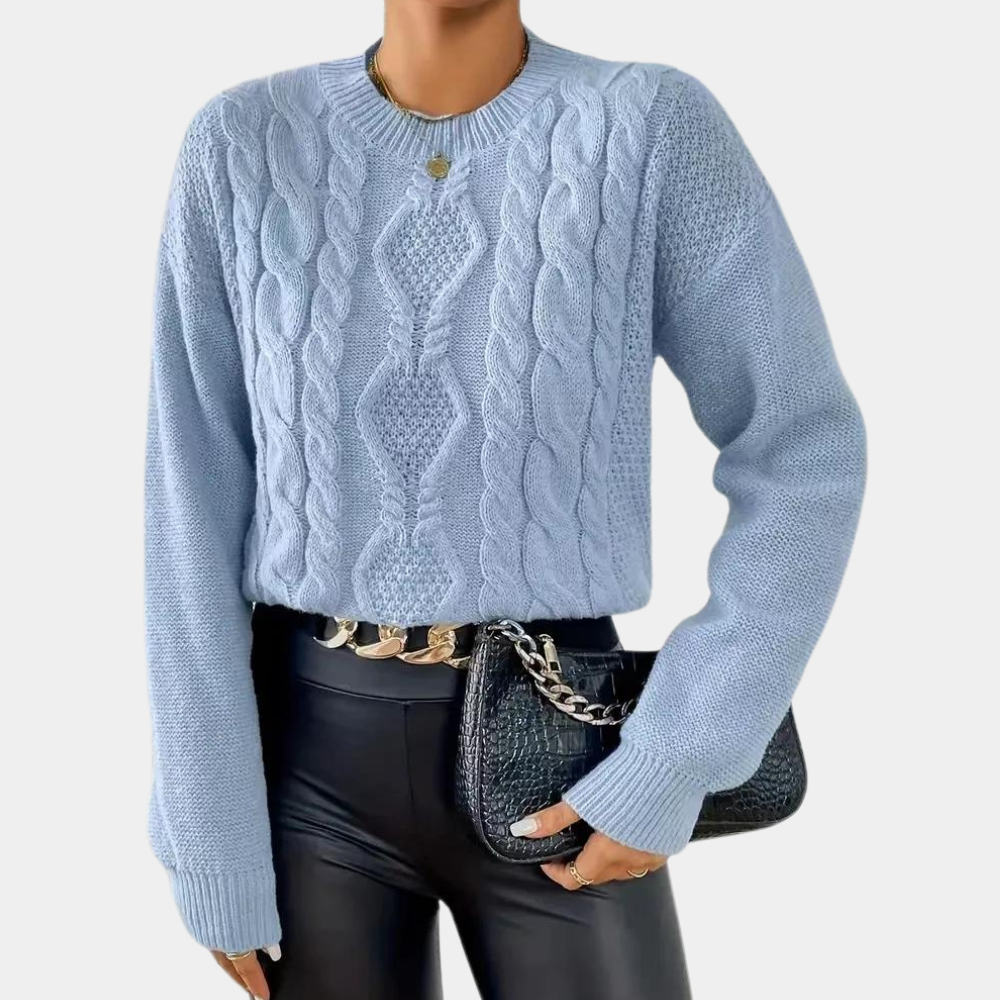 Women's Blue Cable Knit Sweater Long Sleeves