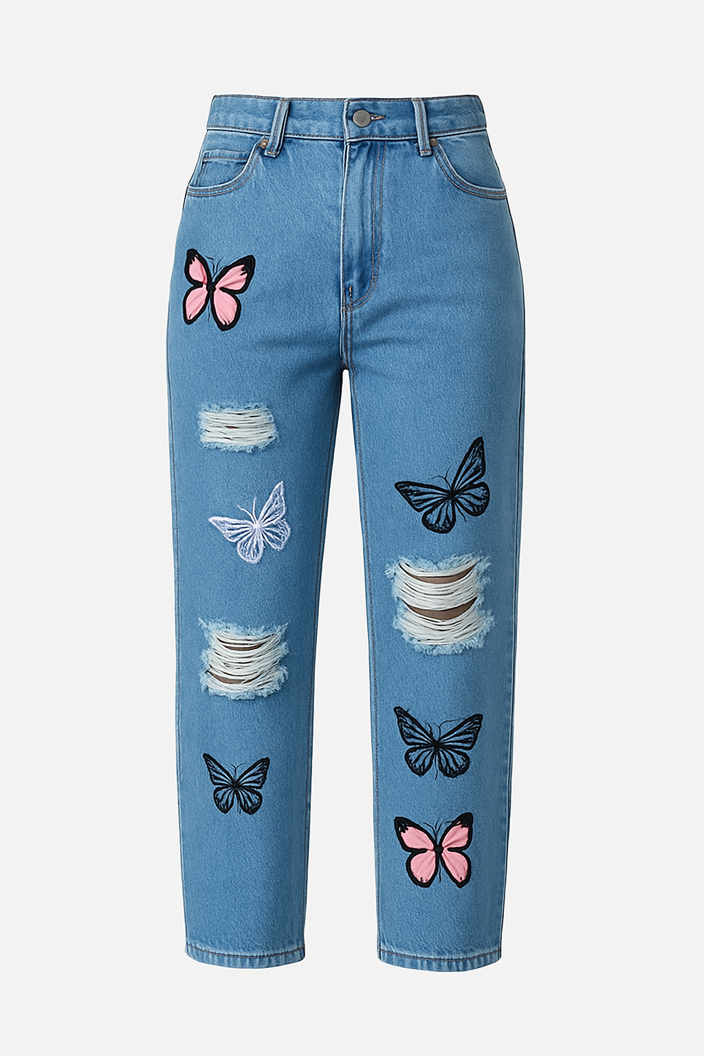 Women's Distressed Denim Jeans High Waist Straight Leg Blue