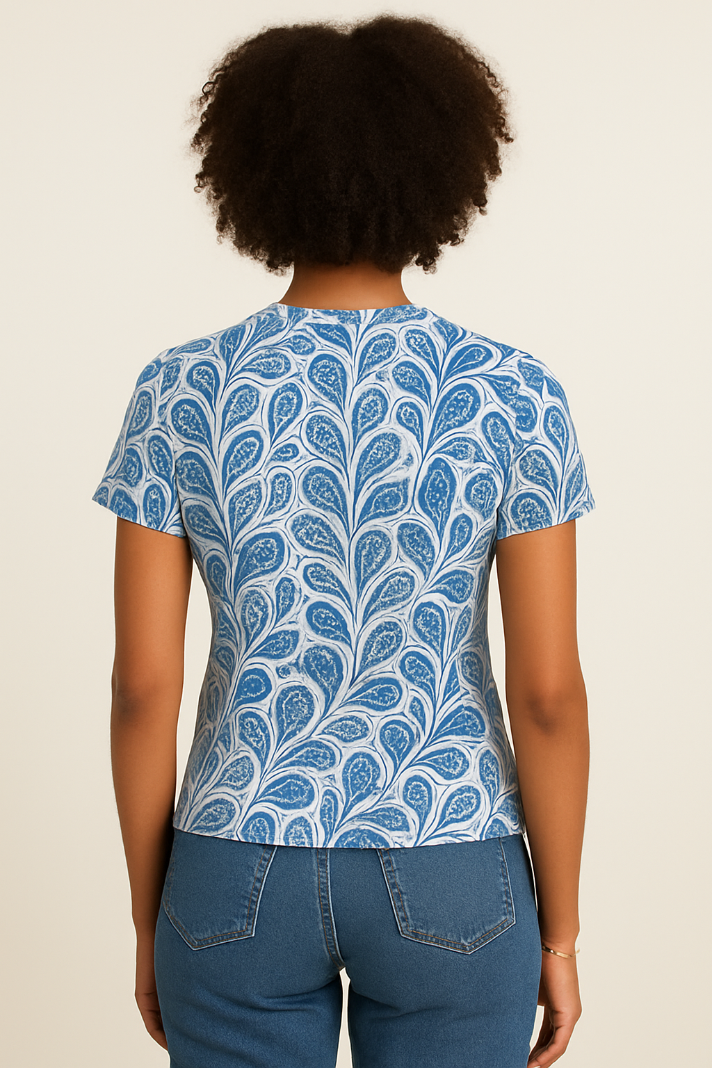 Women's Blue Print T-Shirt Round Neck Short Sleeves