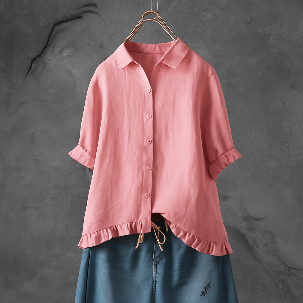 Women's Cotton Button Down Blouse Ruffled Hem