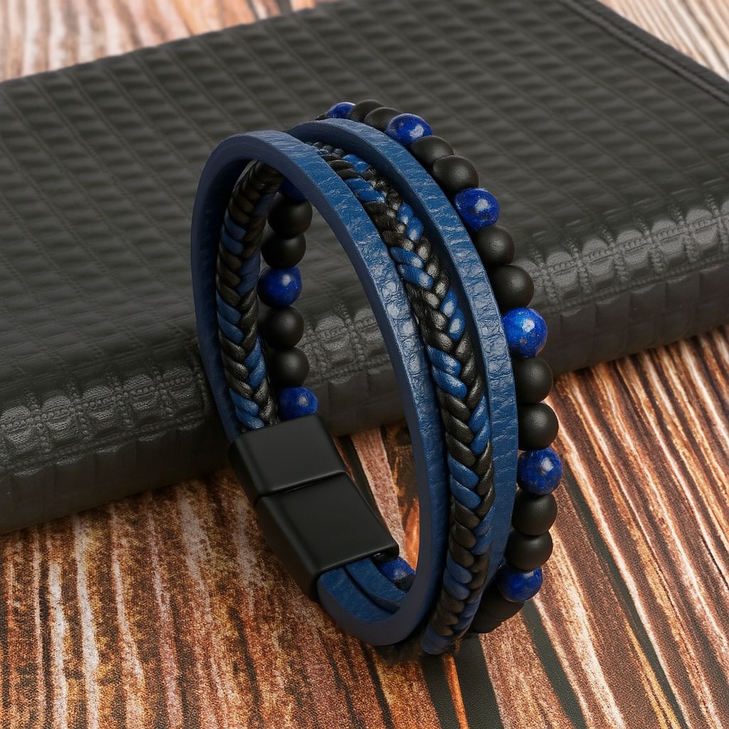 Men's Leather Stone Bead Bracelet