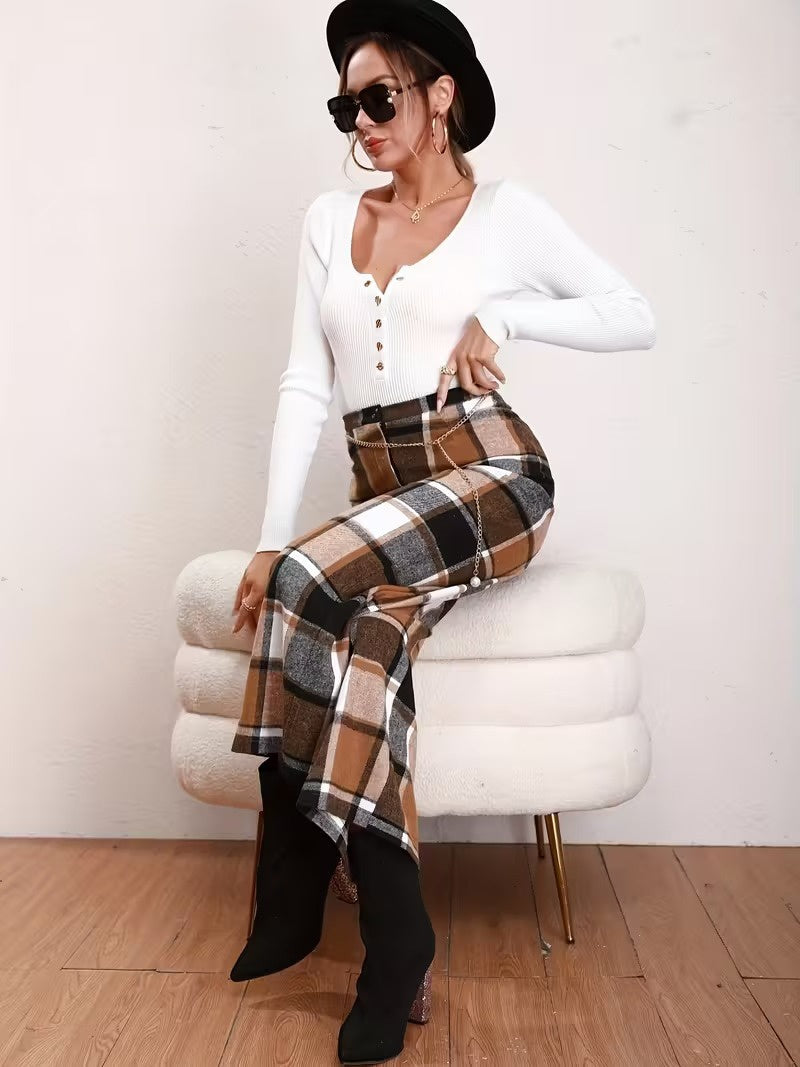 Women's Wide Leg Check Trousers