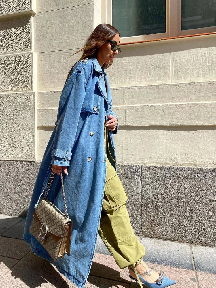 Women's Denim Trench Coat Oversized Button Front Blue