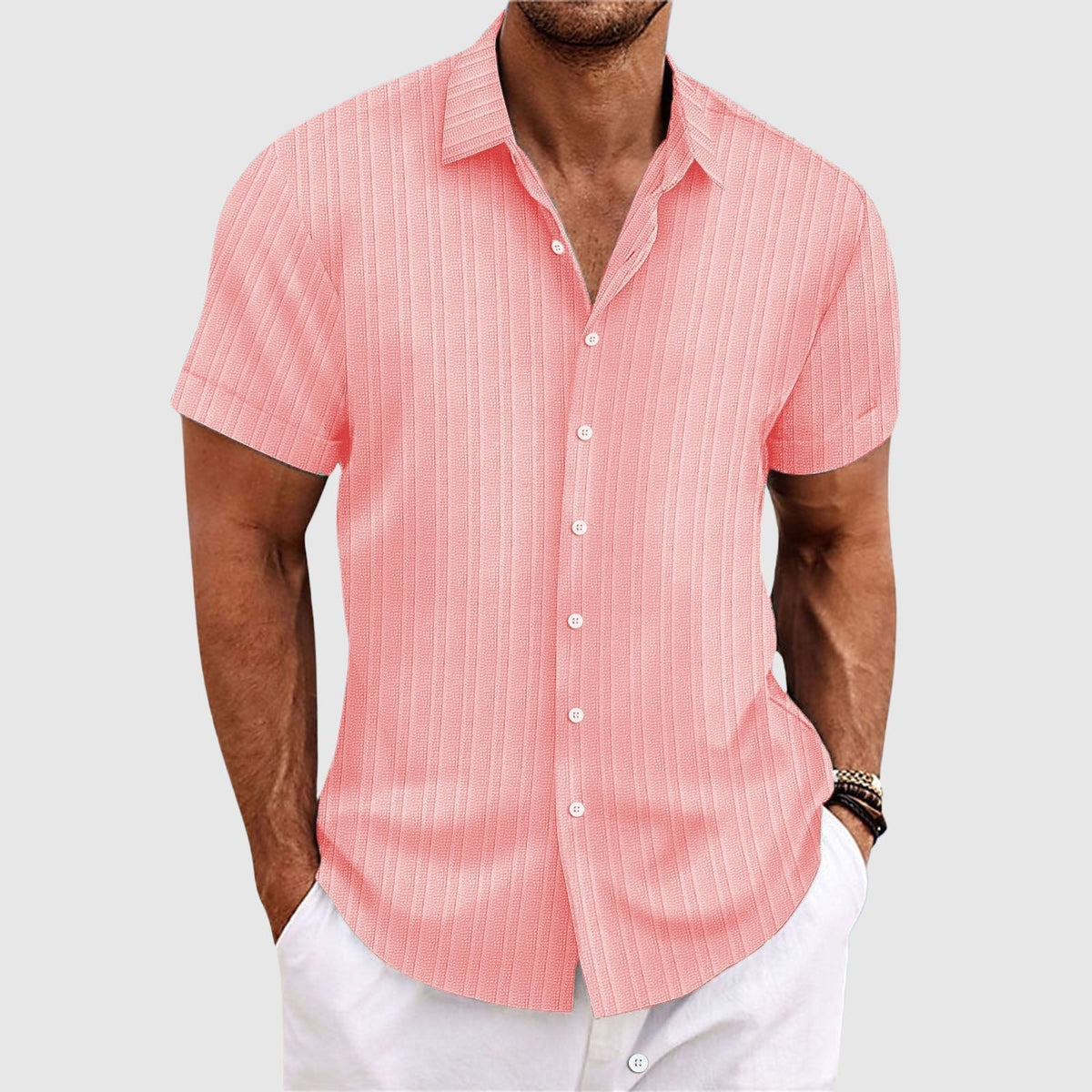 Men's Short Sleeve Textured Stripe Button Down Shirt