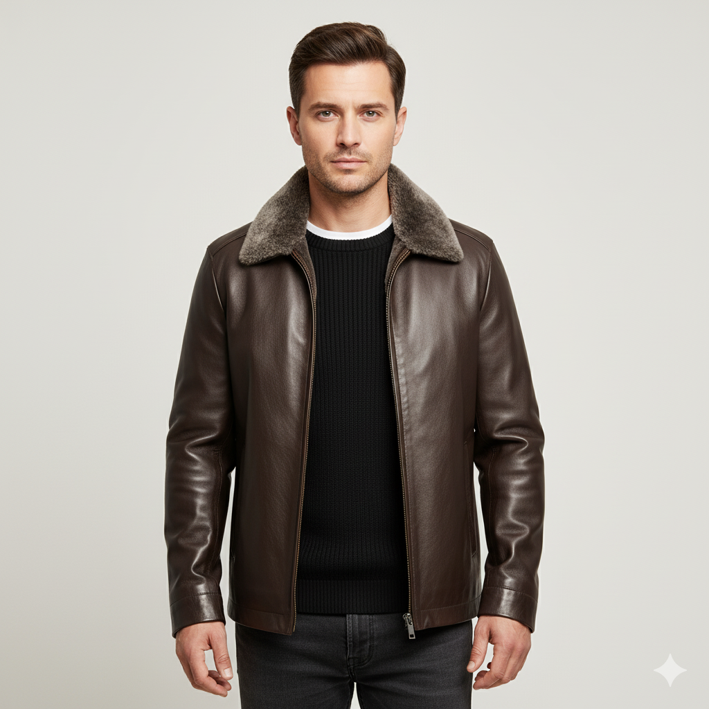 Men's Leather Motorcycle Jacket Warm Fleece Winter Coat