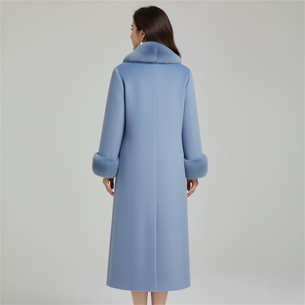 Women's Blue Long Wool Coat Faux Fur Collar