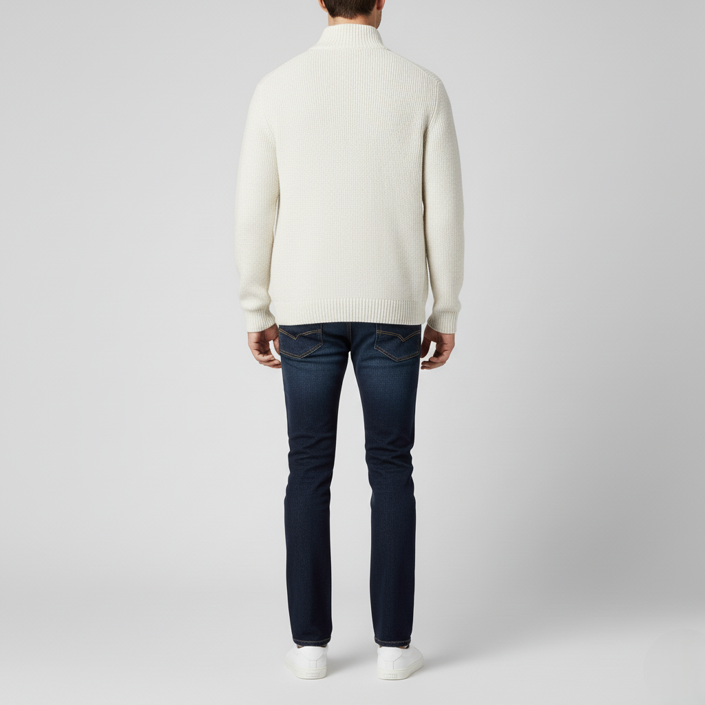 Men's Classic White Sweater Ribbed Full-Zip Cardigan