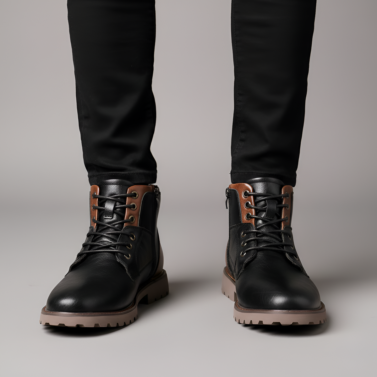 Men's Leather Ankle Boots Rugged Sole Brown