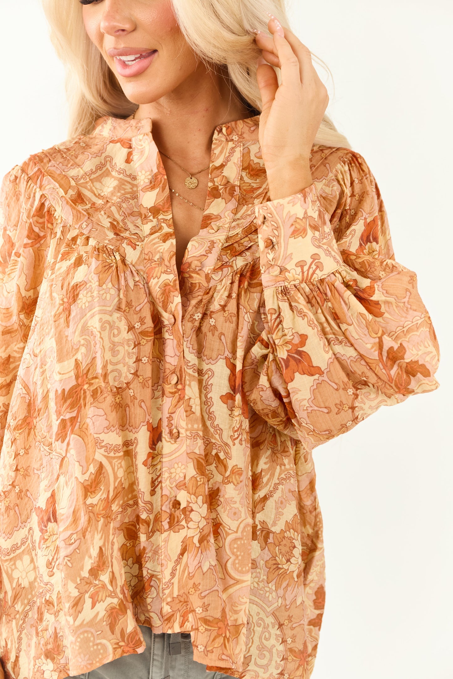 Women's Floral Pleated Blouse Button-Up
