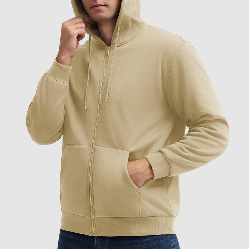 Warm Men's Sherpa-Lined Full Zip Hoodie with Multi-Pockets for Winter