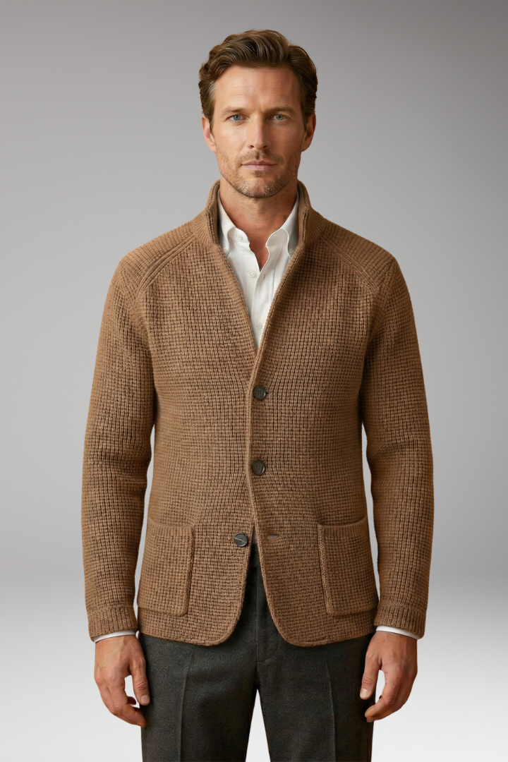 Men's High Collar Cardigan Sweater with Side Pockets