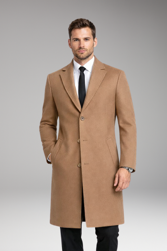 Men's Notched Collar Long Coat with Side Pockets