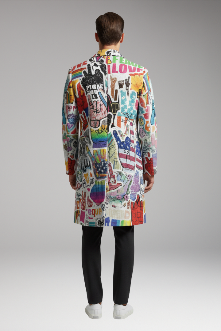 Men's Open Front Long Coat Printed
