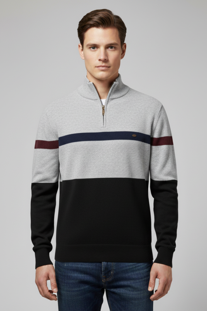 Men's Quarter Zip Sweater Mock Neck Stripe Pattern