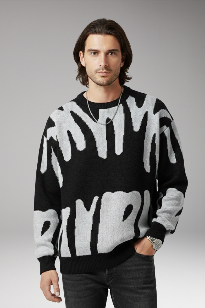 Men's Abstract Print Sweater Ribbed Details