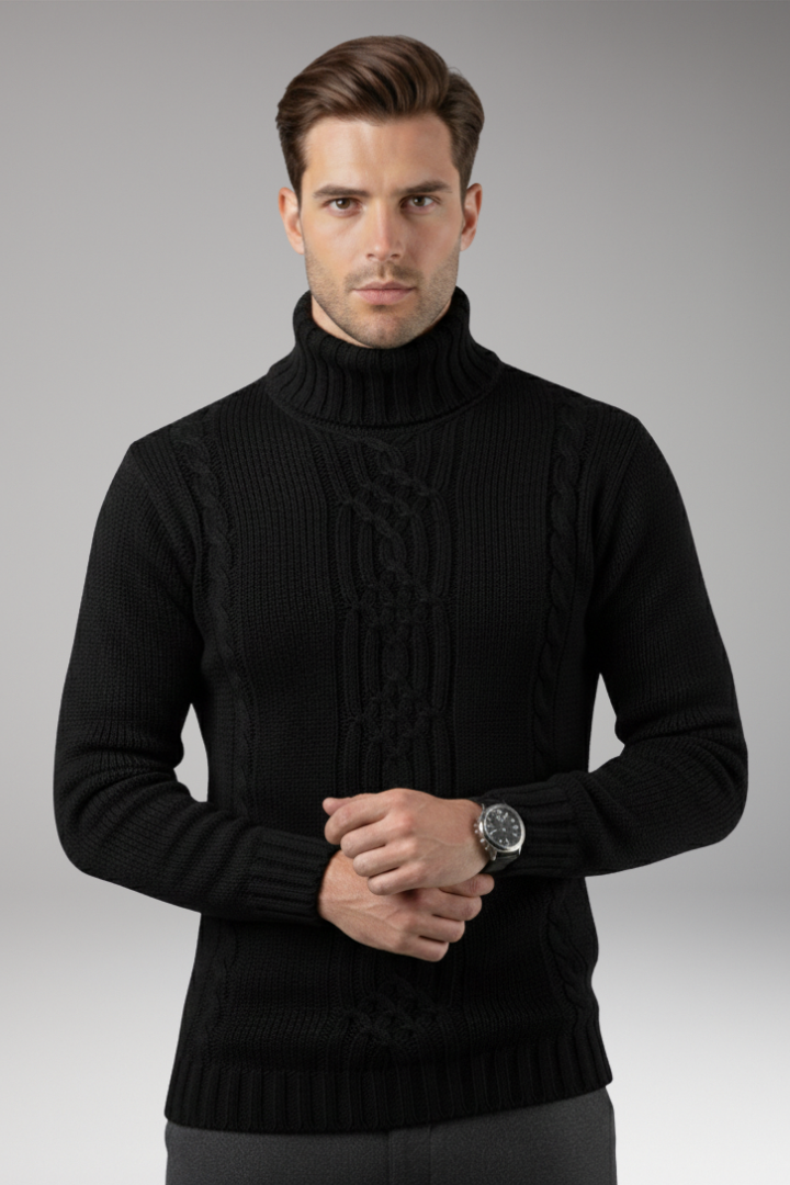 Men's Cable Knit Turtleneck Sweater Ribbed