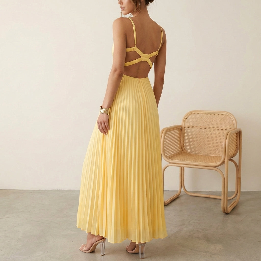 Eileen Women's Satin Sleeveless Maxi Dress Pleated Skirt